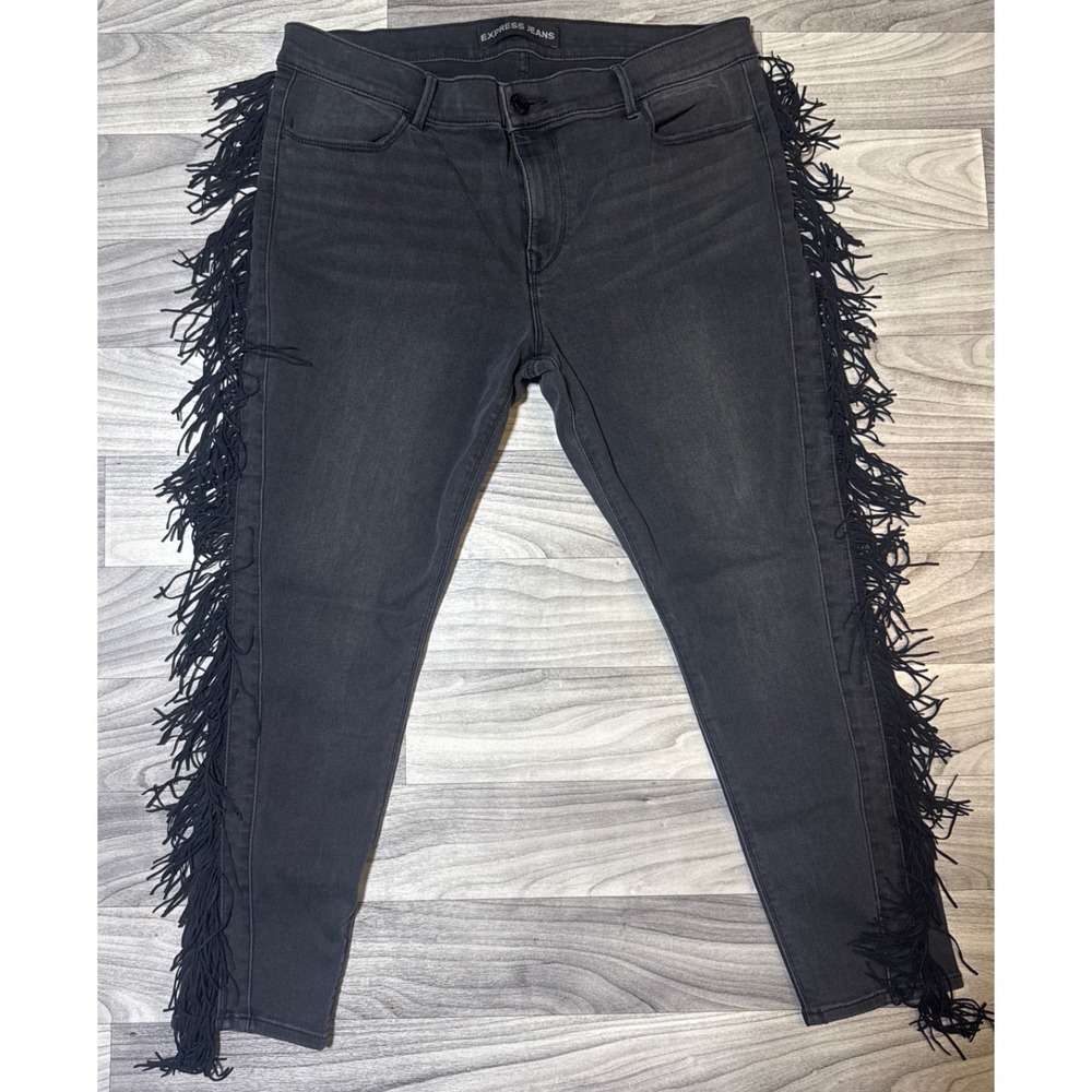 Express Jeans Mid Rise Legging Fringe Side Seam Black Denim Pants Womens 16S